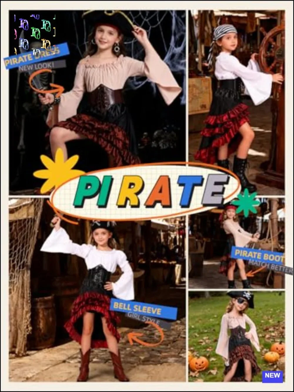 Girls Pirate Costume Medieval Renaissance Dress with Waist Belt & Headscarf